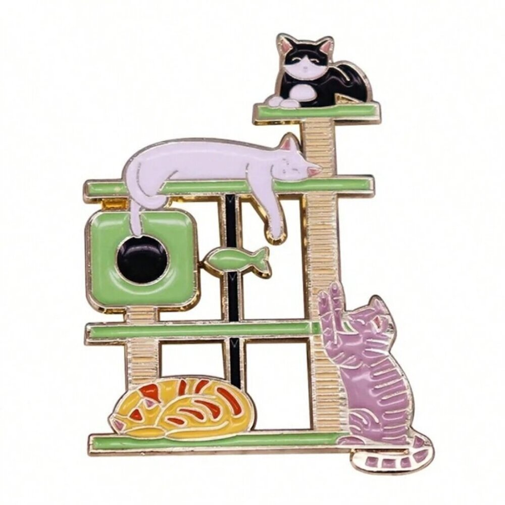 Cat Tree Crazy Slouchy Shelf Kitty Enamel Pin Lapel Brooches On Backpack